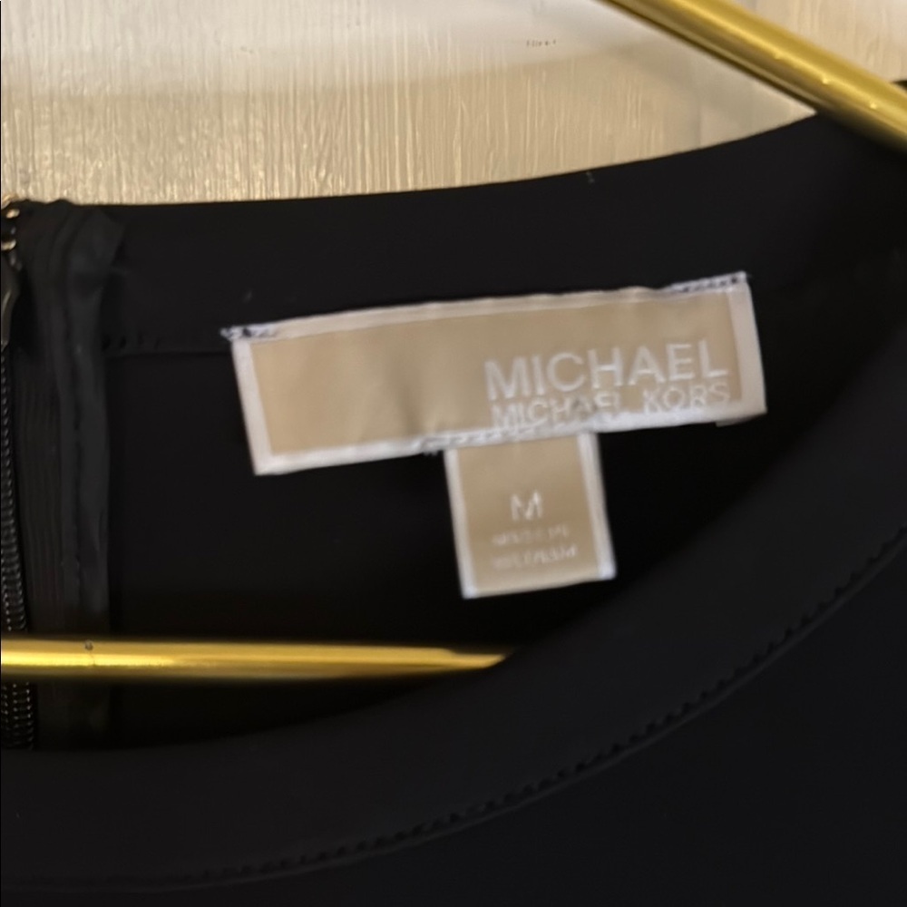 Michael Kors Black and Gold Long Sleeve Stretch Midi Dress, Zipper Back - Picture 3 of 9